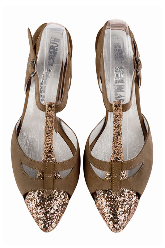 Bronze gold and chocolate brown women's open back T-strap shoes. Tapered toe. High slim heel. Top view - Florence KOOIJMAN